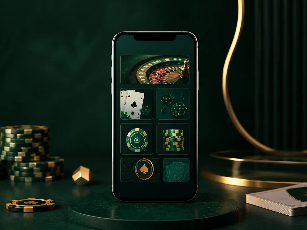 Celular com interface fictícia de cassino e elementos de roleta e cartas