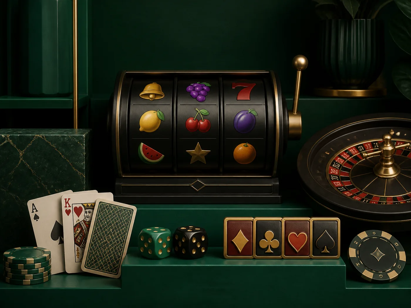 Composição editorial com caça-níqueis, roleta, cartas e mesa ao vivo genéricos