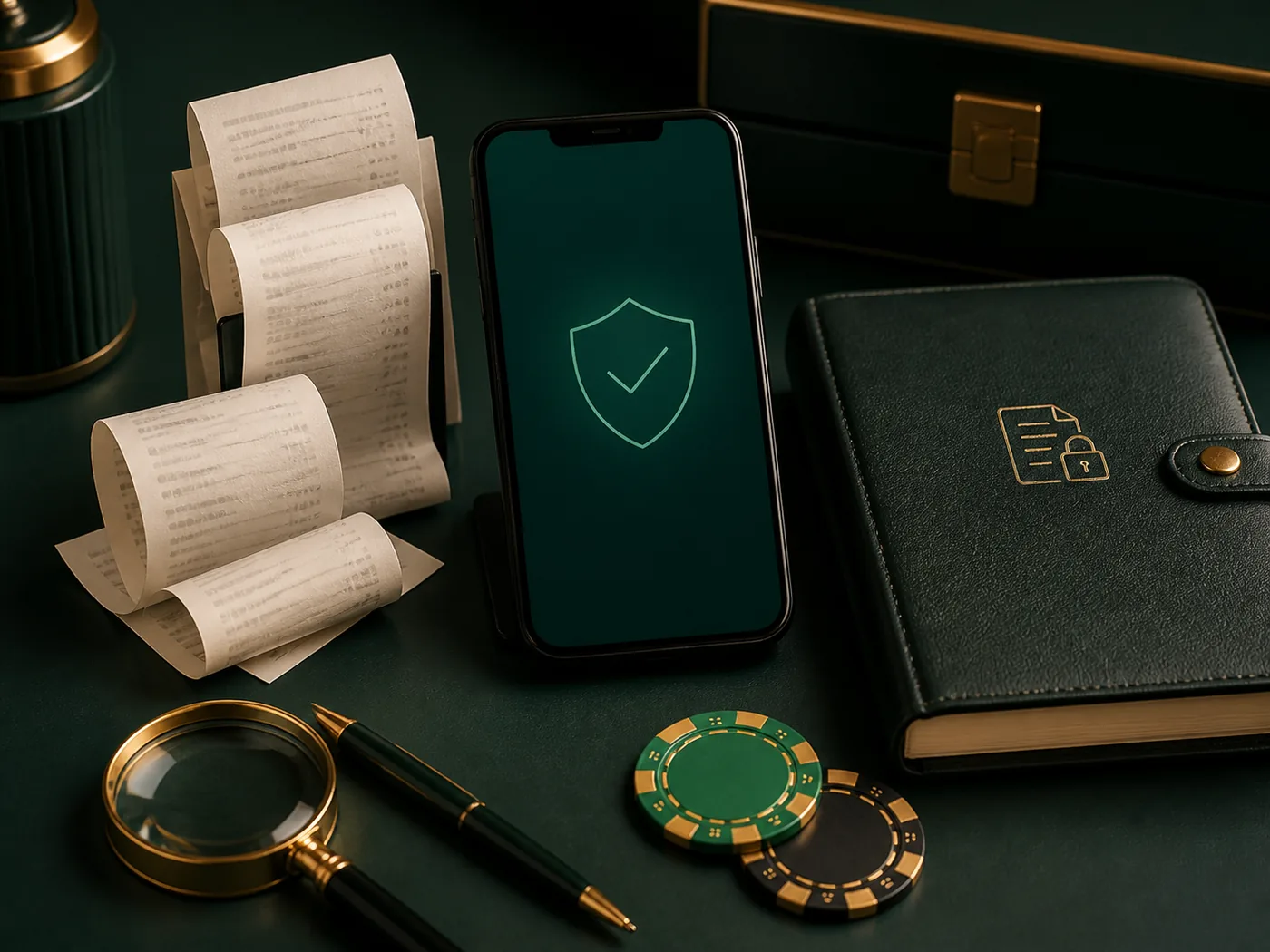 Celular e comprovante genérico ao lado de fichas de cassino em cena de verificação